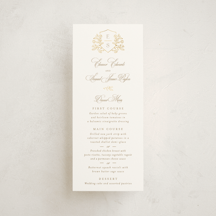 "Gold Crest" - Foil-Pressed Menus in Ivory by Mansi Verma - Front