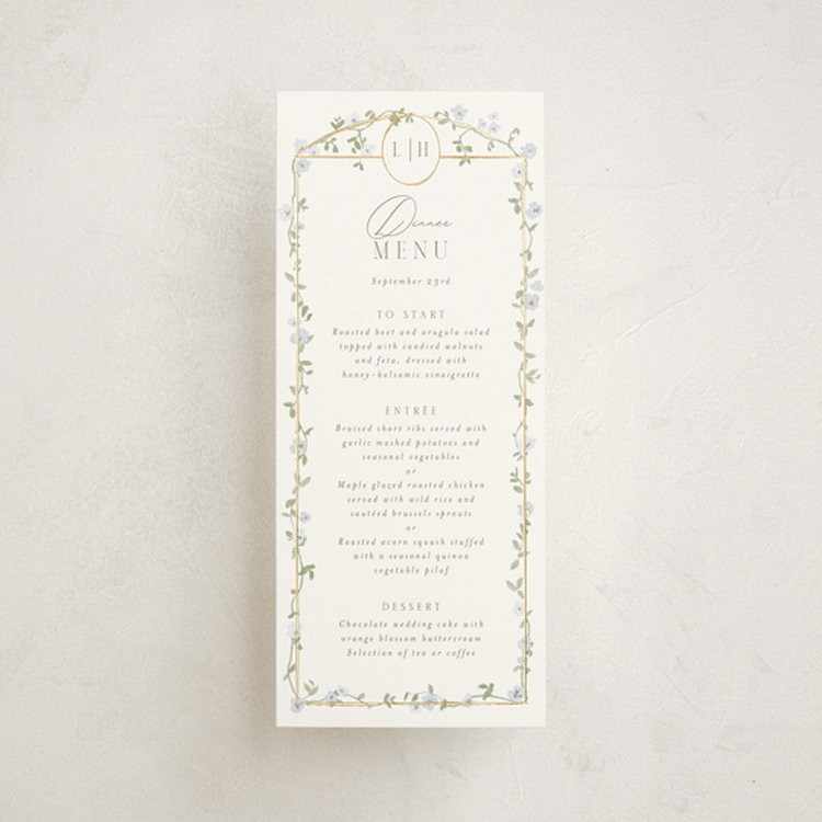 "Portico" - Foil-Pressed Menus in Blue Bell by Everett Paper Goods - Front