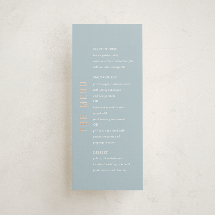 "Gilded Edge" - Foil-Pressed Menus in Provincial by Angela Thompson - Front