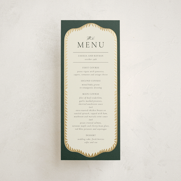 "Frame" - Foil-Pressed Menus in Emerald by Jen Owens - Front