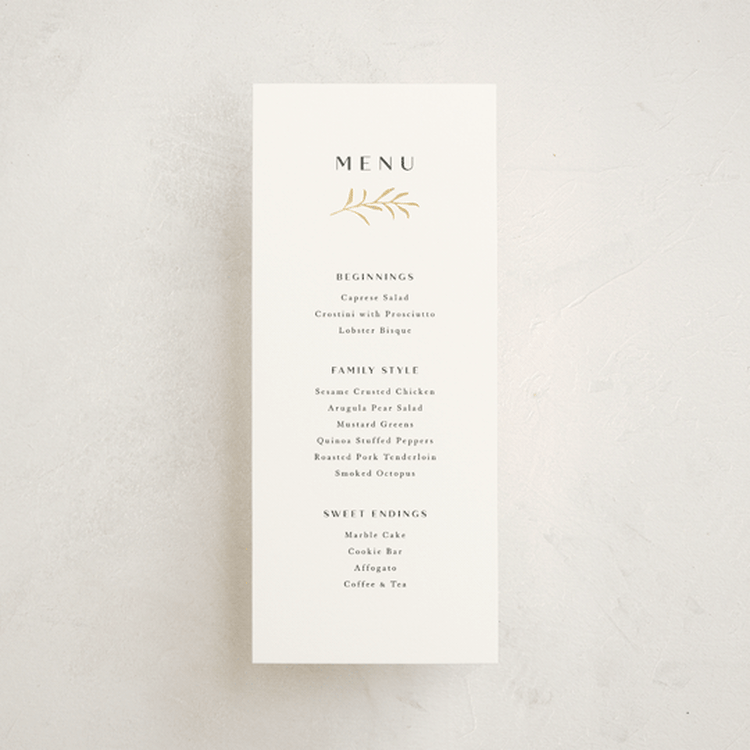 "Petite Sprig" - Foil-Pressed Menus in Black Dahlia by Olivia Raufman - Front