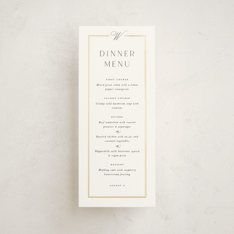 "Elegant Type" - Foil-Pressed Menus in Pearl by Leah Bisch - Front