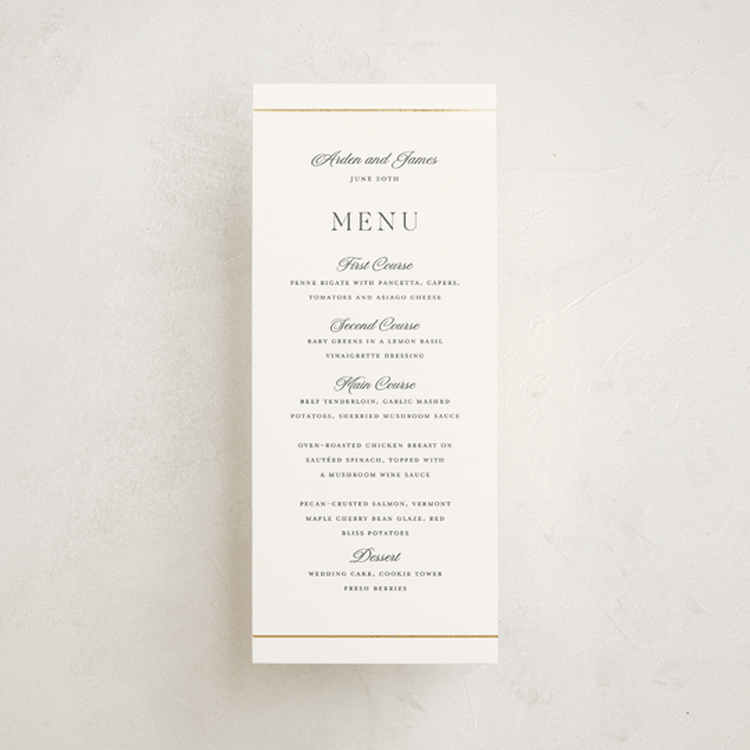 "Opulence" - Foil-Pressed Menus in Pearl by Stacey Meacham - Front