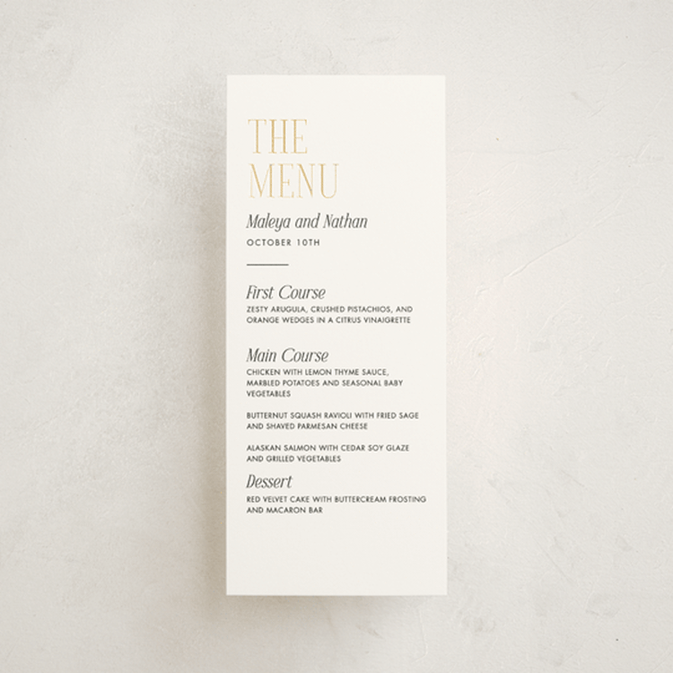 "Magazine" - Foil-Pressed Menus in Lace by Kaydi Bishop - Front