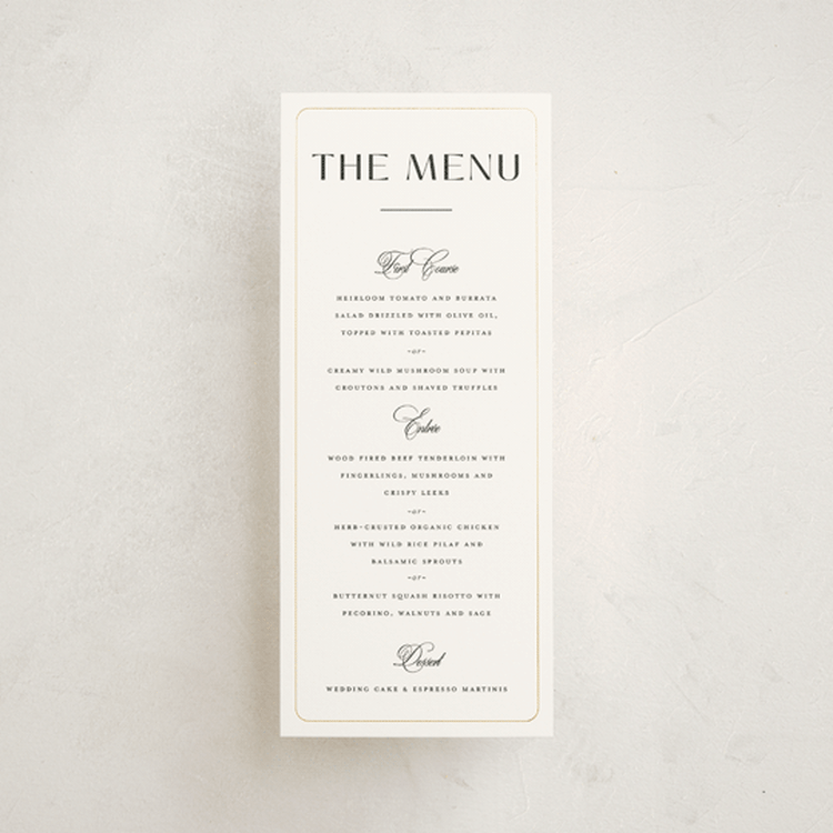 "Loren" - Foil-Pressed Menus in Cotton by Christie Garcia - Front