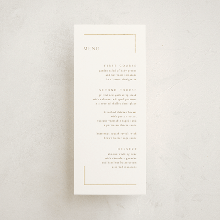 "The Gallery" - Foil-Pressed Menus in Quartz by Kristie Kern - Front