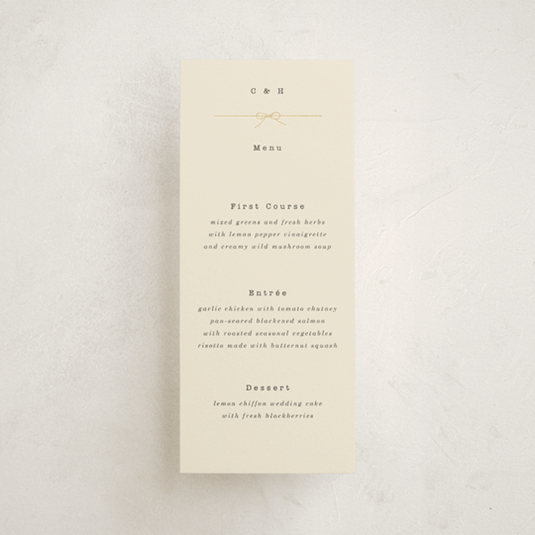 "Bow Tie" - Foil-Pressed Menus in Ivory by Baumbirdy - Front