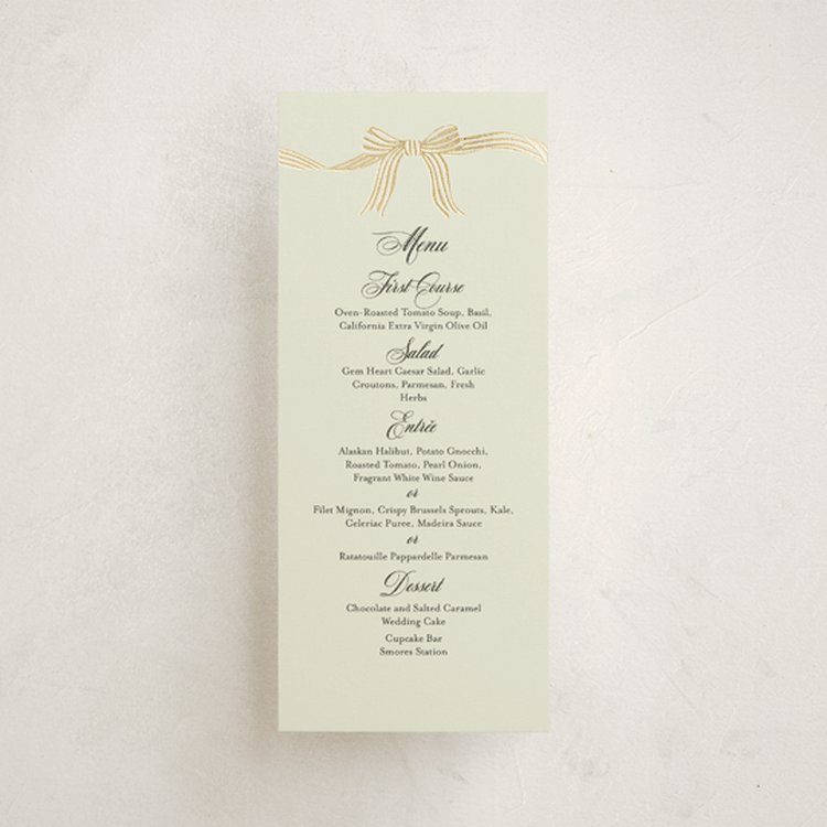 "All Tied Up" - Foil-Pressed Menus in Champagne by Chris Griffith - Front