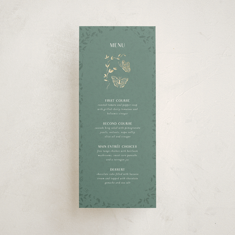 "Southern Romance" - Foil-Pressed Menus in Eucalyptus by Simona Camp - Front