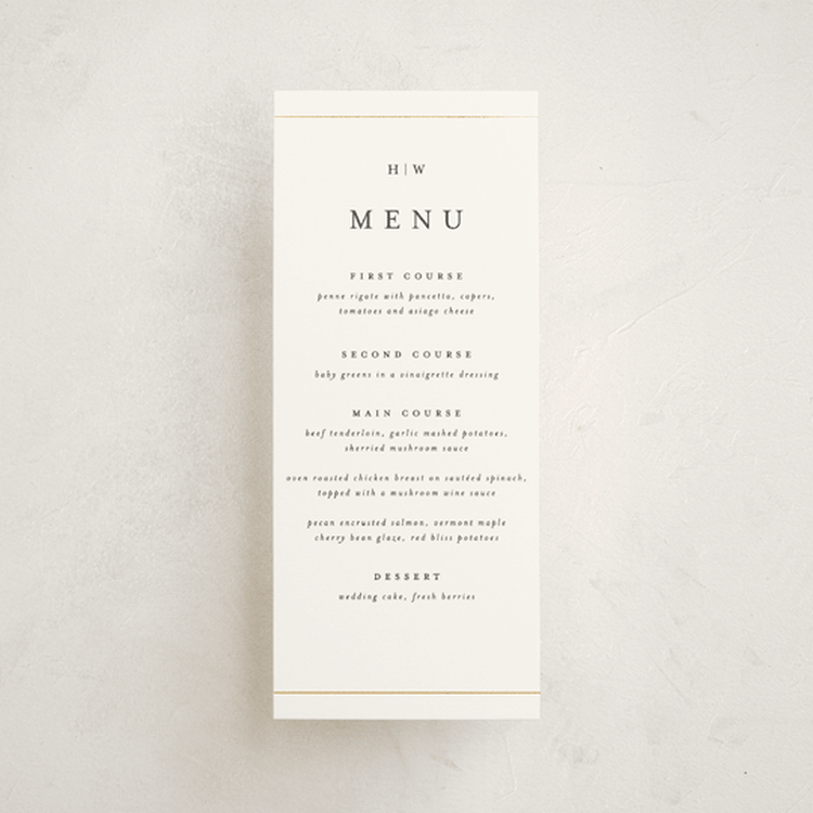 "Style and grace" - Foil-Pressed Menus in Pristine by Stacey Meacham - Front