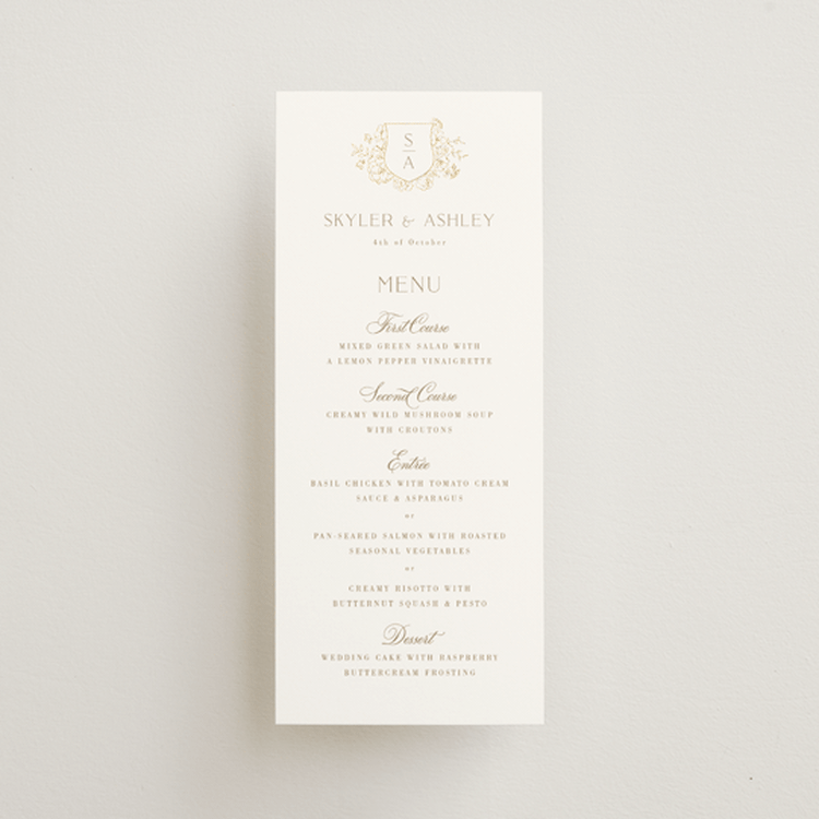 "floral crest" - Foil-Pressed Menus in Champagne by Cass Loh - Front