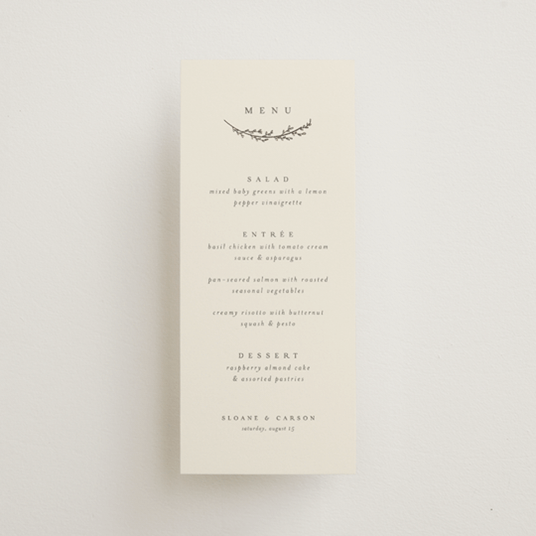 "Branched" - Foil-Pressed Menus in Almond by Brianne Larsen - Front