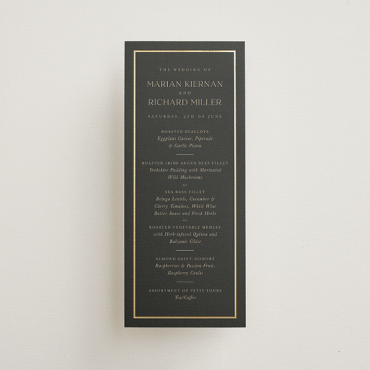 "Timeless Charm" - Foil-Pressed Menus in Charcoal by Lucrecia Caporale - Front