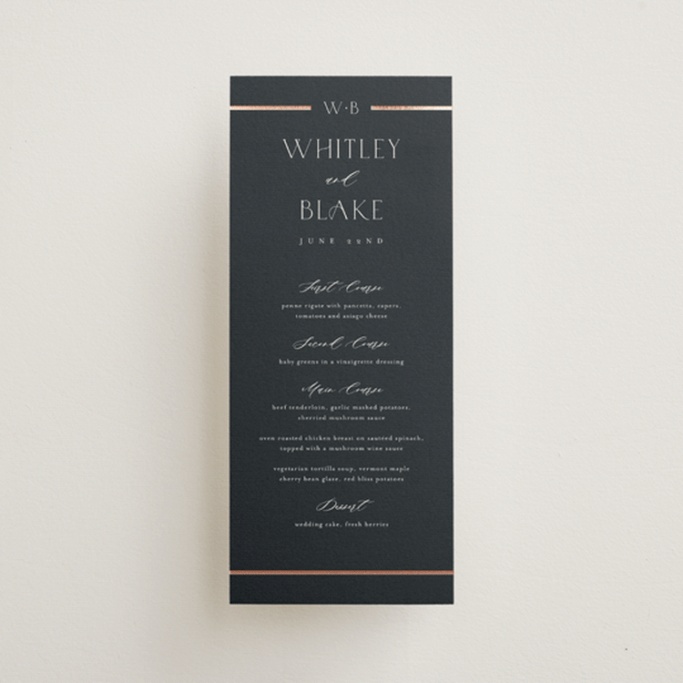 "Luster" - Foil-Pressed Menus in Ocean by Stacey Meacham - Front