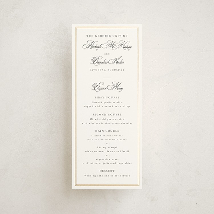 "Traditionalist" - Foil-Pressed Menus in Snow by Sarah Brown - Front