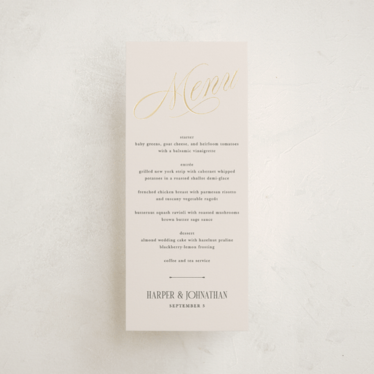 "Mirin" - Foil-Pressed Menus in Linen by Kate Ahn - Front