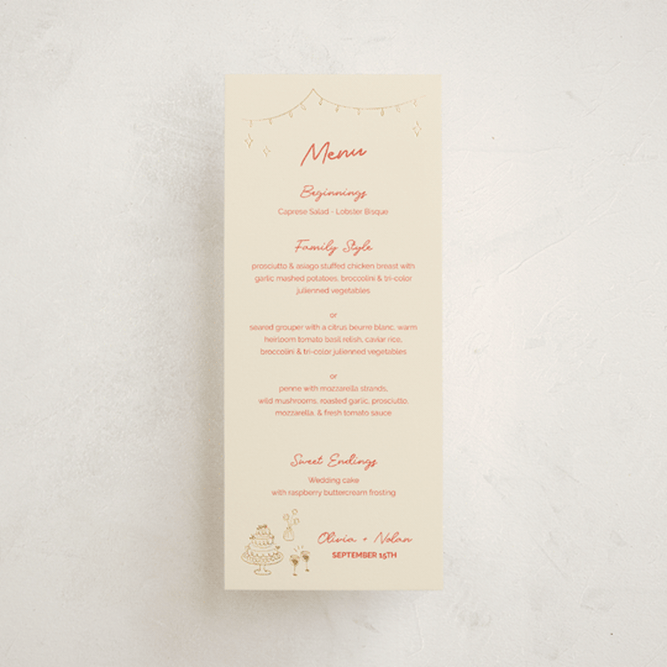 "Party On!" - Foil-Pressed Menus in Sangria Spark by Zove Ahhh - Front