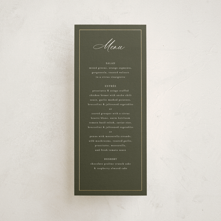 "Refined" - Foil-Pressed Menus in Deep Olive by Nicole Walsh - Front