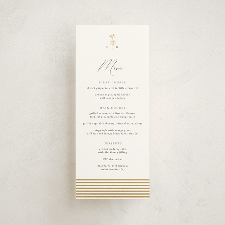 "Palm Monogram" - Foil-Pressed Menus in Stone by Olivia Raufman - Front