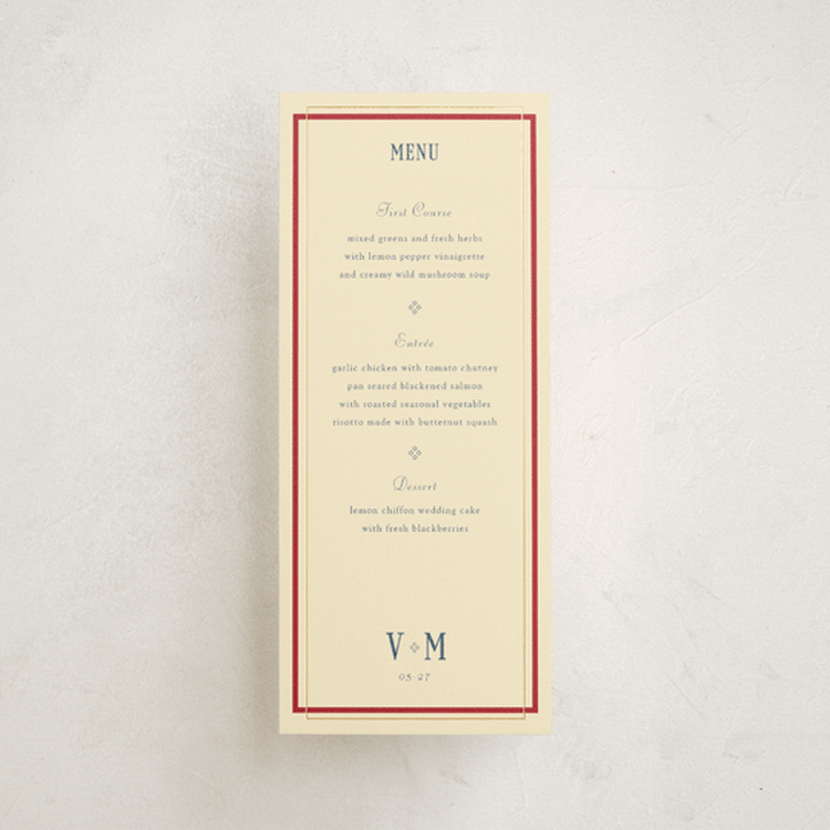 "Woven" - Foil-Pressed Menus in Navy by Baumbirdy - Front