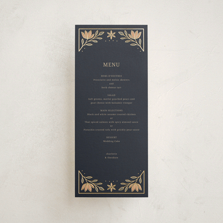 "Botanical Tapestry" - Foil-Pressed Menus in Navy by Jess Rosa Beck - Front