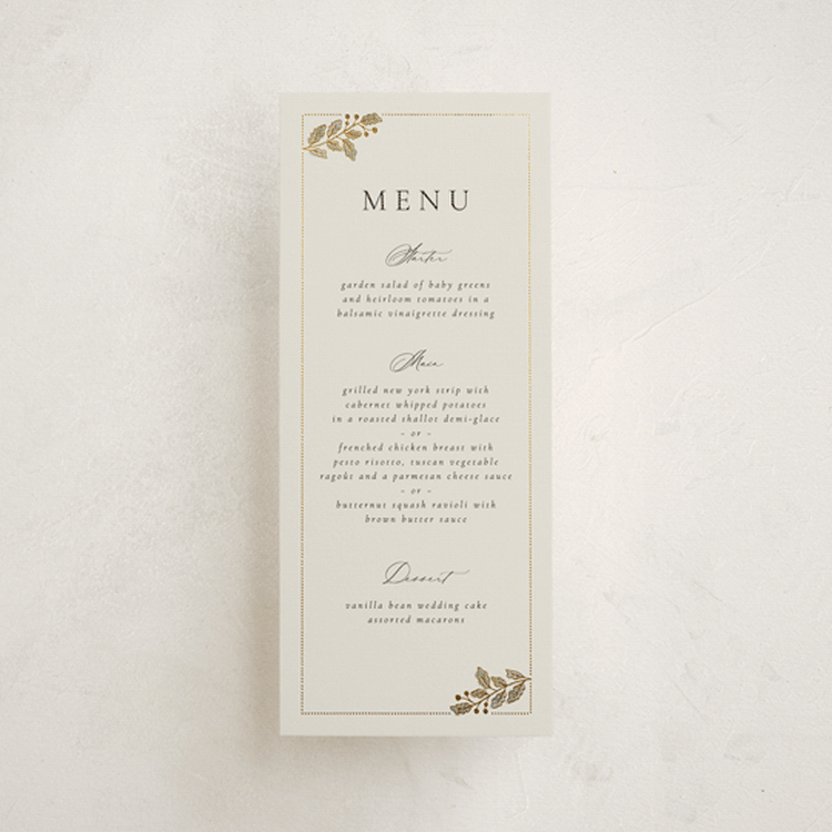 "Vine Wrap" - Foil-Pressed Menus in Fern by Jen Owens - Front