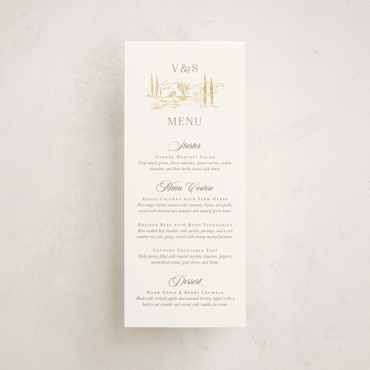 "Country Elegance" - Foil-Pressed Menus in Sage by Lucrecia Caporale - Front