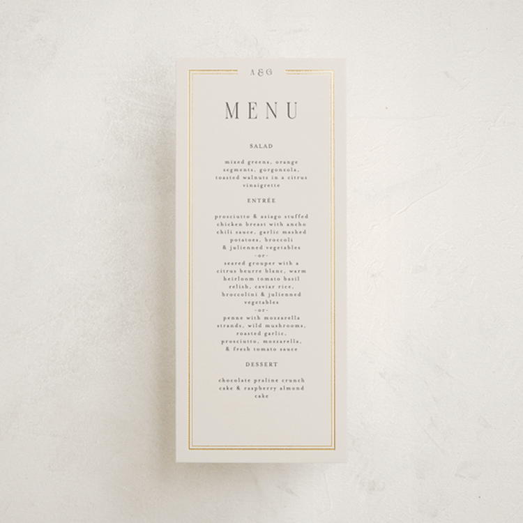 "Grace" - Foil-Pressed Menus in Champagne by Nicole Walsh - Front