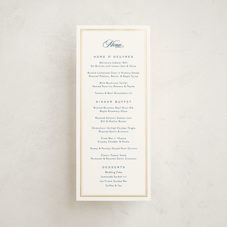"Anchored" - Foil-Pressed Menus in Royal Navy by Olivia Raufman - Front