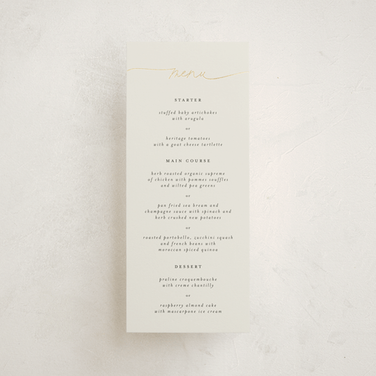 "silk" - Foil-Pressed Menus in Linen by Pippa Shaw - Front