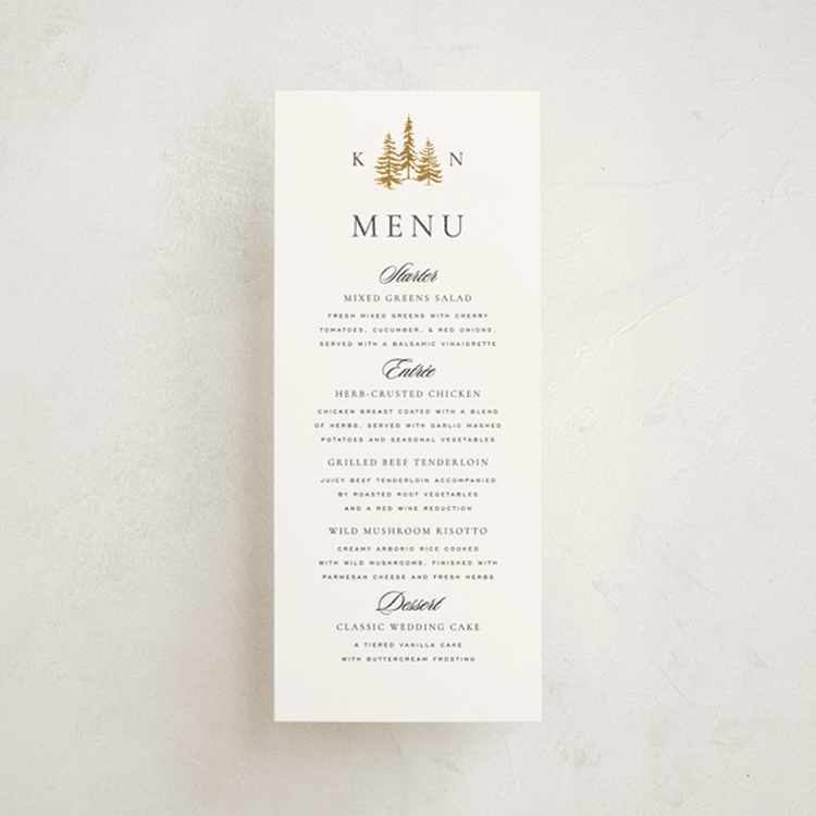 "Gilded Forest" - Foil-Pressed Menus in Snow by Stacy Maalouf - Front