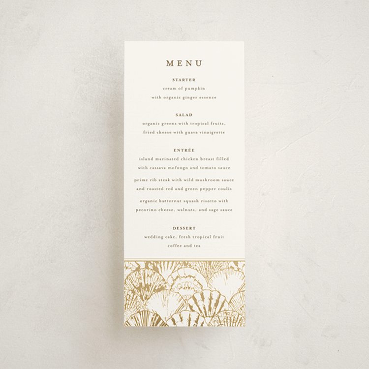 "By the Seashore" - Foil-Pressed Menus in Pearl by Maria Alou - Front