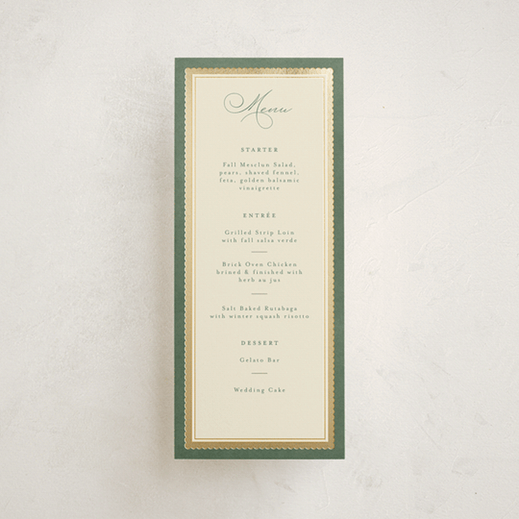 "Vintage Oval" - Foil-Pressed Menus in Rosemary by Emily Betts - Front