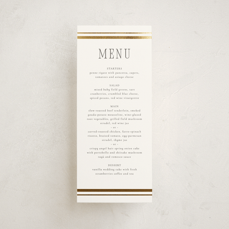 "Side Stripe" - Foil-Pressed Menus in Pearl by Nicole Walsh - Front