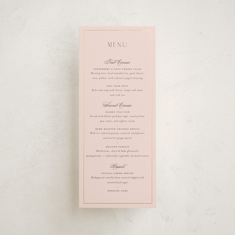 "Scallop Monogram" - Foil-Pressed Menus in Rose Quartz by Emily Betts - Front