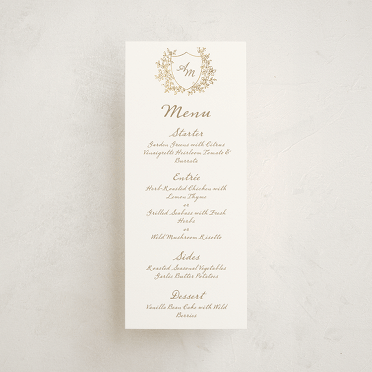 "Boho flower crest" - Foil-Pressed Menus in Ivory by Cass Loh - Front