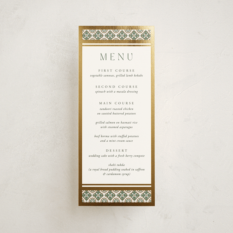"Kareem" - Foil-Pressed Menus in Evergreen by Oma N. Ramkhelawan - Front