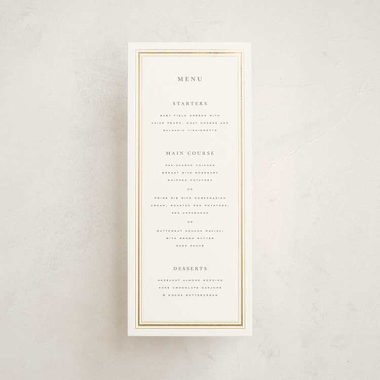 "Hampton" - Foil-Pressed Menus in Chantilly by Wildfield Paper Co - Front