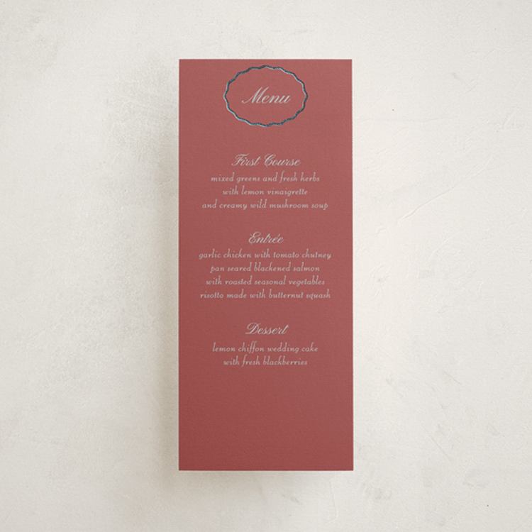 "Scallop Frame" - Foil-Pressed Menus in Burgundy by Baumbirdy - Front