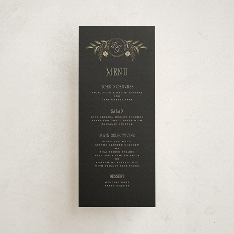 "Emilie" - Foil-Pressed Menus in Noir by Randi Cirelli - Front
