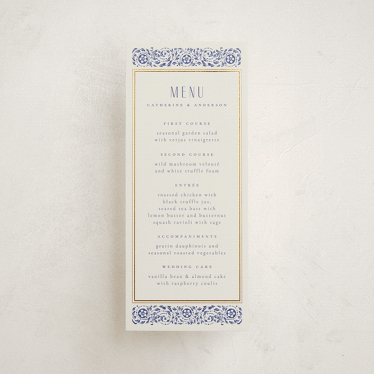 "Tiled Romance" - Foil-Pressed Menus in Dynasty Blue by Ana de Sousa - Front