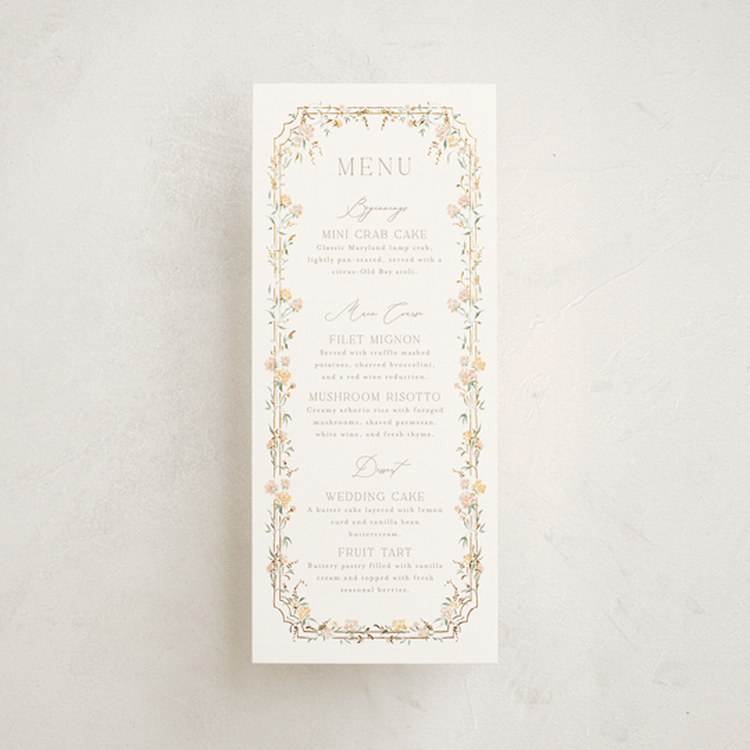 "Victorian Trellis" - Foil-Pressed Menus in Golden Summer by Erin L. Wilson - Front