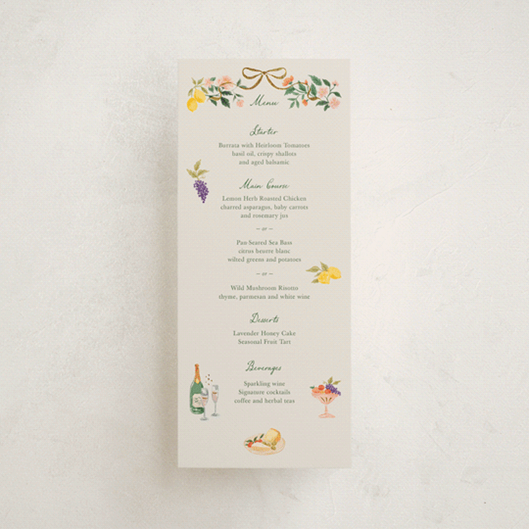 "Garden Feast" - Foil-Pressed Menus in Garden by Elly - Front