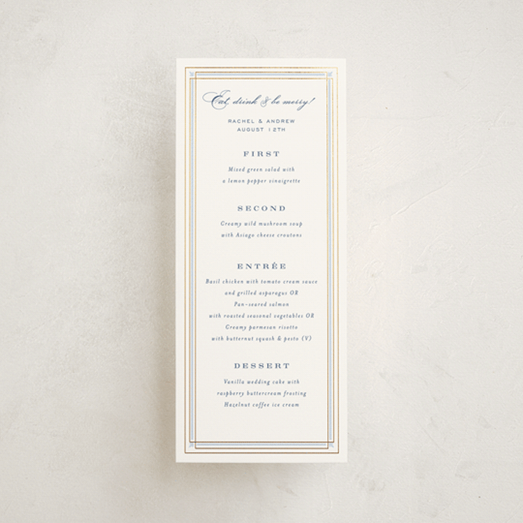 "Aurelia" - Foil-Pressed Menus in Dusty Blue by Janean Hinger - Front