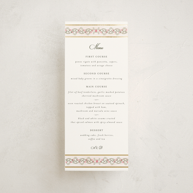 "Embrace" - Foil-Pressed Menus in Peony by Susan Moyal - Front