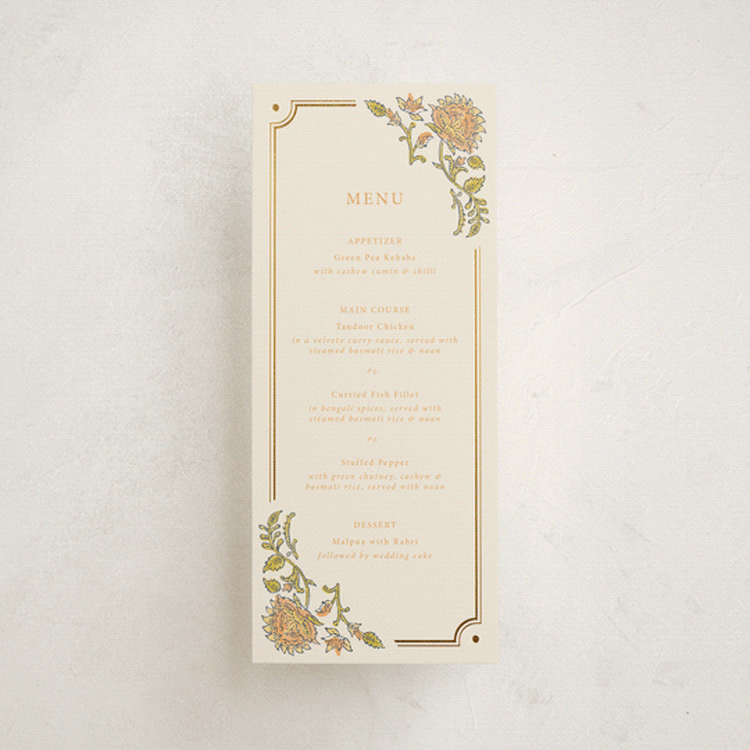 "Marigold" - Foil-Pressed Menus in Ochre by Hannah Bowman - Front