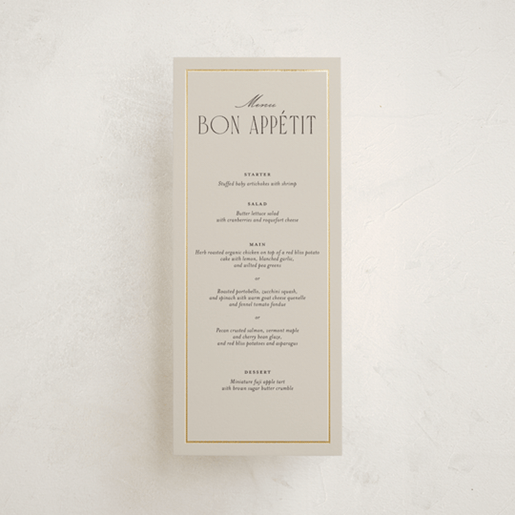 "Luxe Lines" - Foil-Pressed Menus in Champagne by Kristin Oliversen - Front