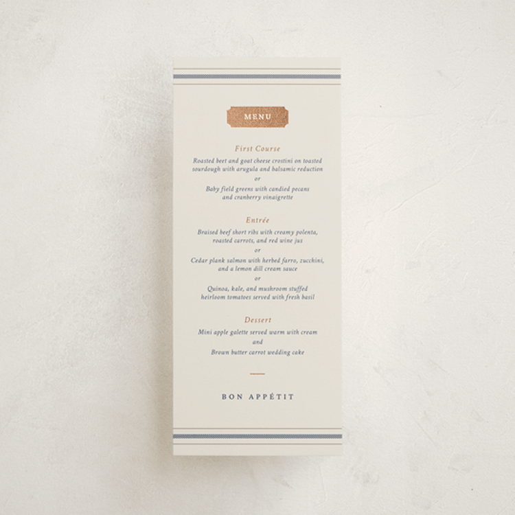 "Equestrian" - Foil-Pressed Menus in Midnight by Sam Dubeau - Front