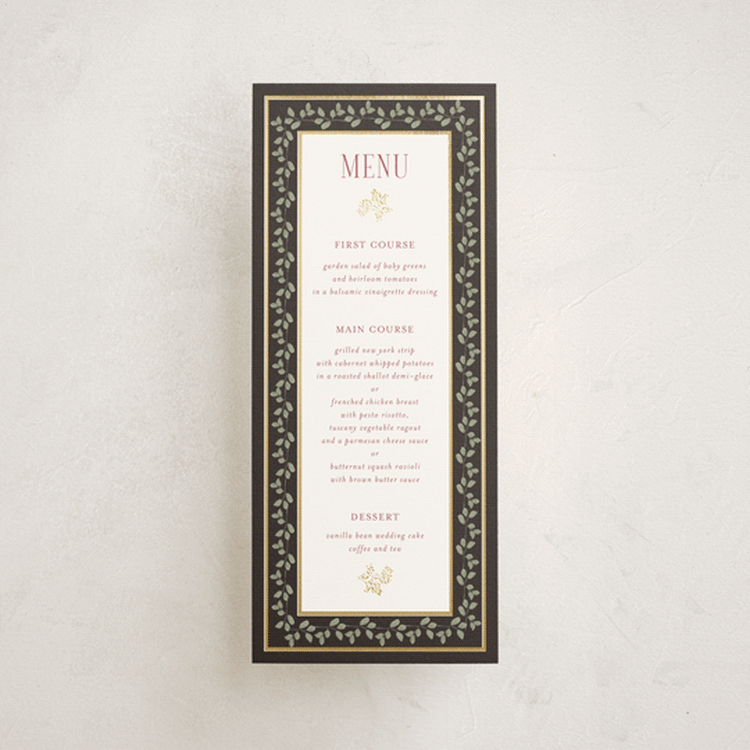 "Flouriishing" - Foil-Pressed Menus in Blush by Susan Moyal - Front