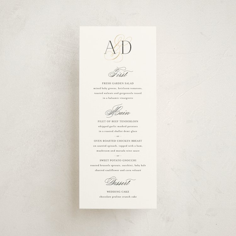 "Gilded Ampersand" - Foil-Pressed Menus in Cotton by Jennifer Postorino - Front